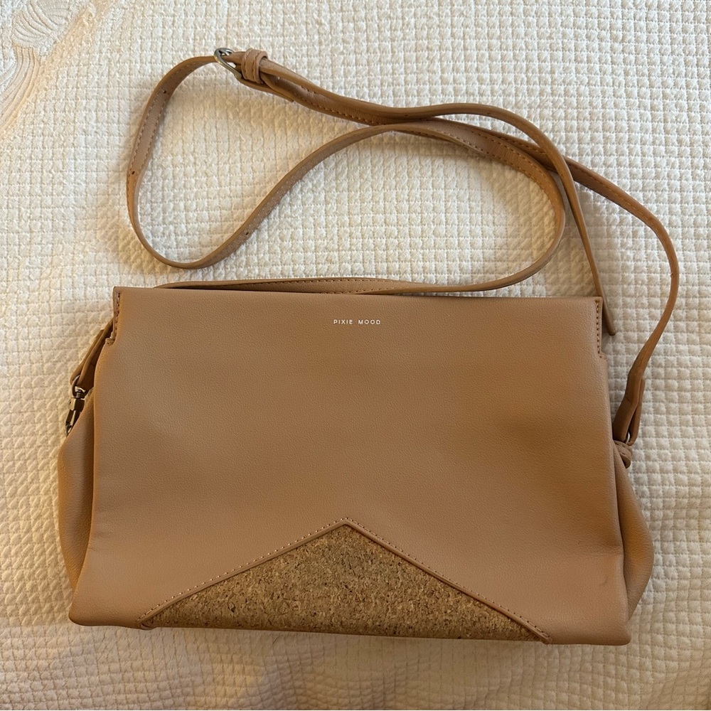 Pixie Mood vegan leather and cork tan clutch crossbody bag